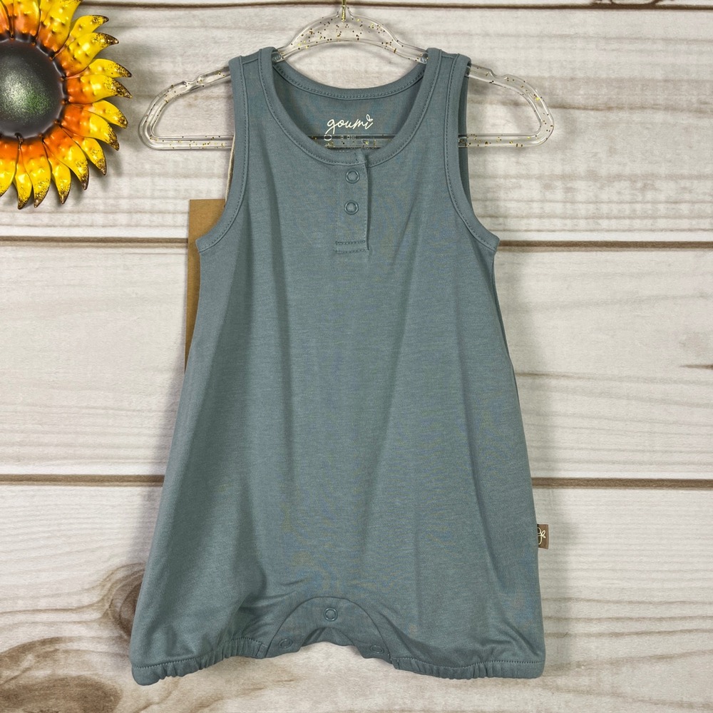 Goumi Kids Blue Grey Bamboo Organic Cotton Sleeveless Henley Romper 3-6M NWT